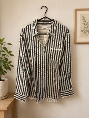 Aerie Striped Black and White Button-Up Flannel Pajama Shirt